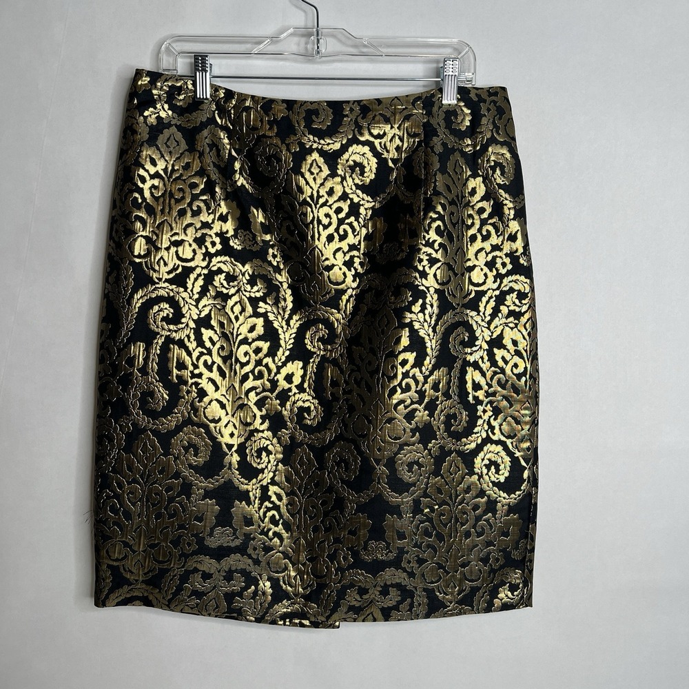 Sunny Leigh Designer Black Gold Embroidered Pencil Knee Length Skirt Size 12